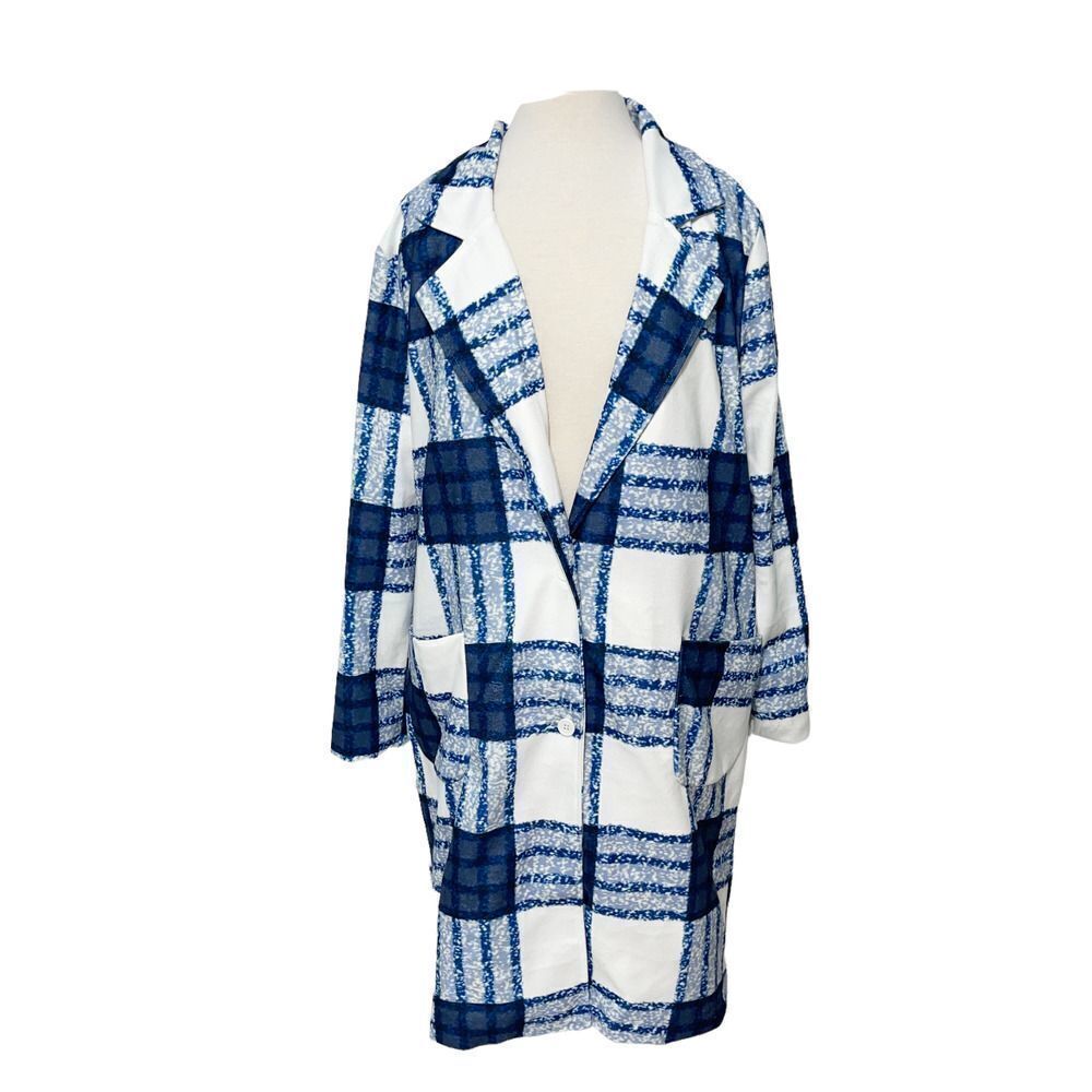 Check Plaid‎ Lightweight Coat Jacket Button Front Pockets White Blue Women's XL
